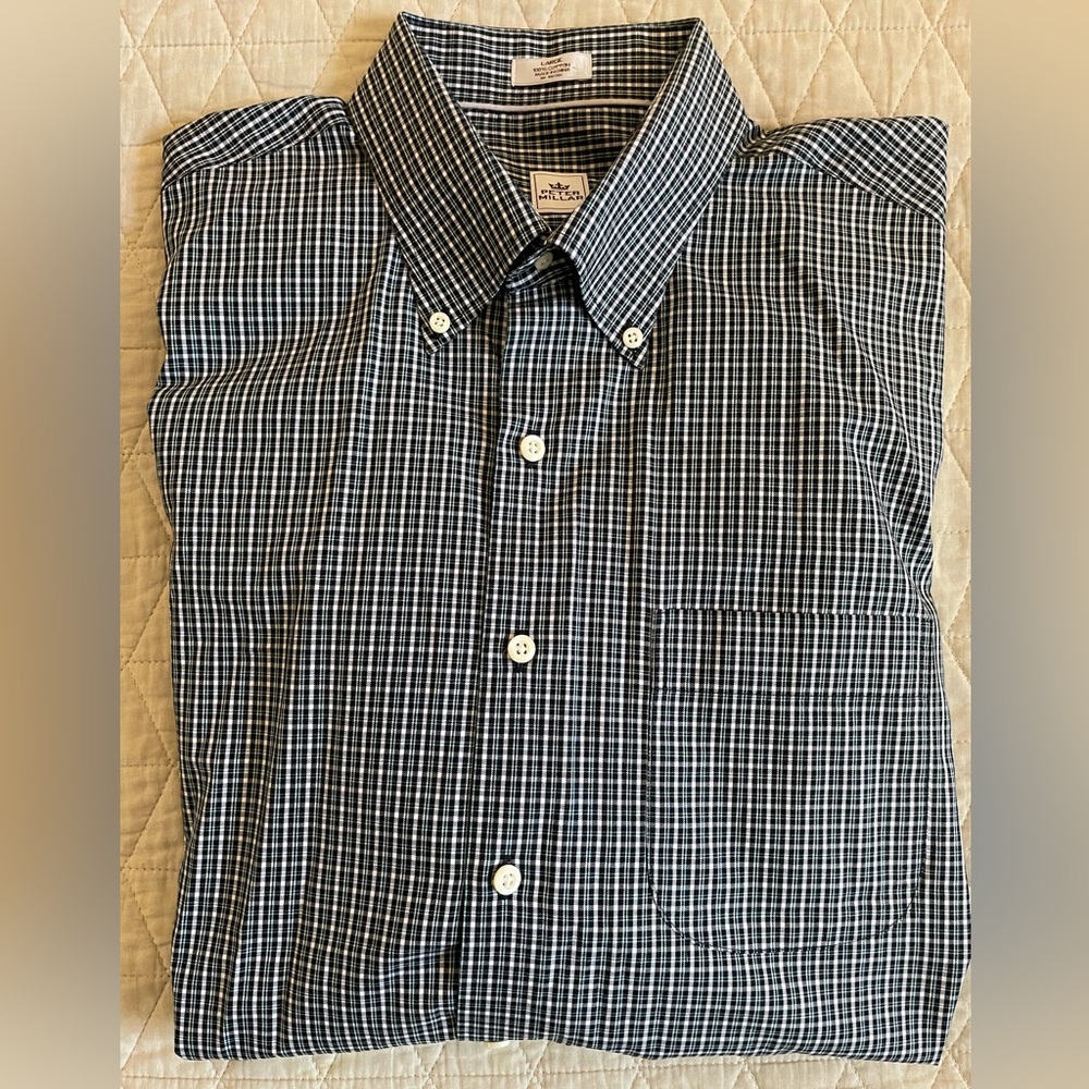 PETER MILLAR Small Check Print Button Down Shirt in Black (Multi) Size L $160